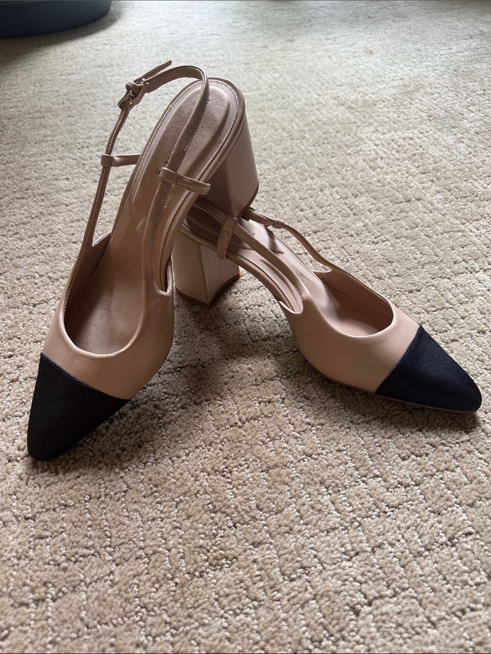 Anne Klein Beige and Black Pointed-Toe Slingback Block Heels